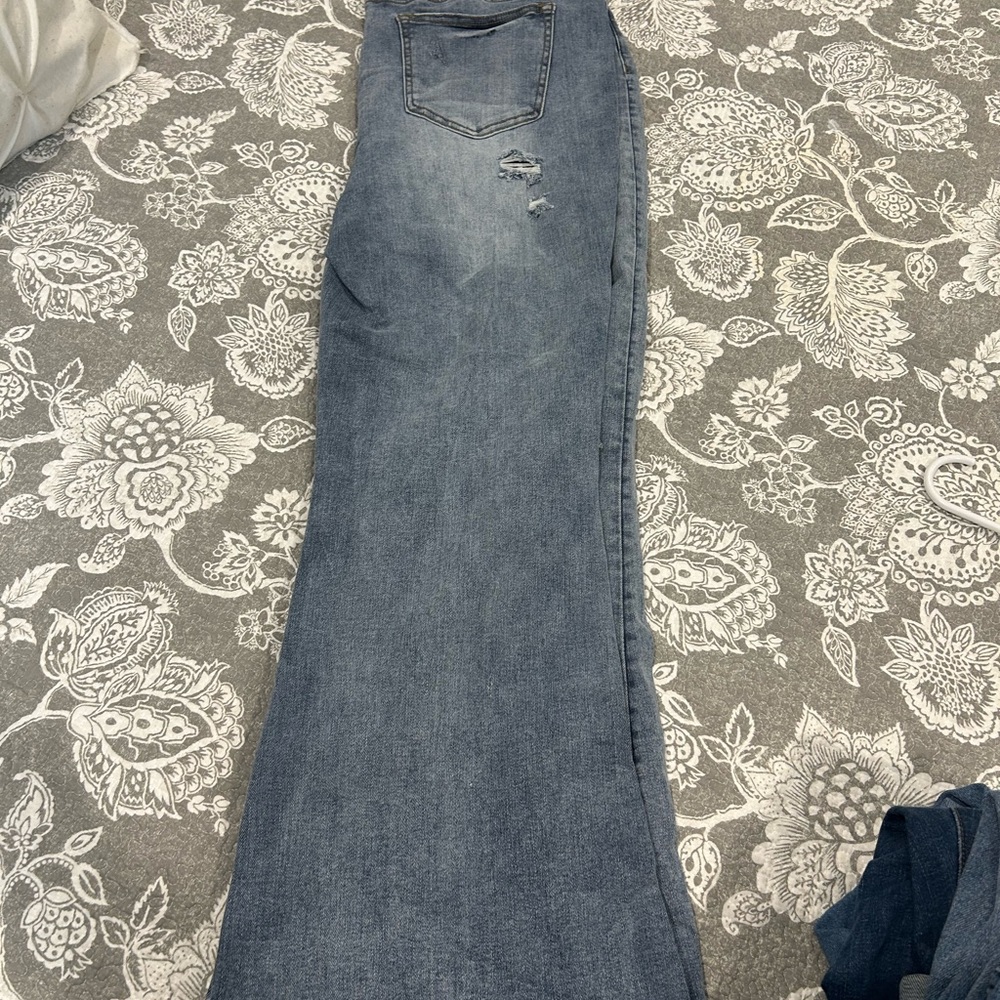 Blue Flare Wide Leg Jeans with Distressed Details